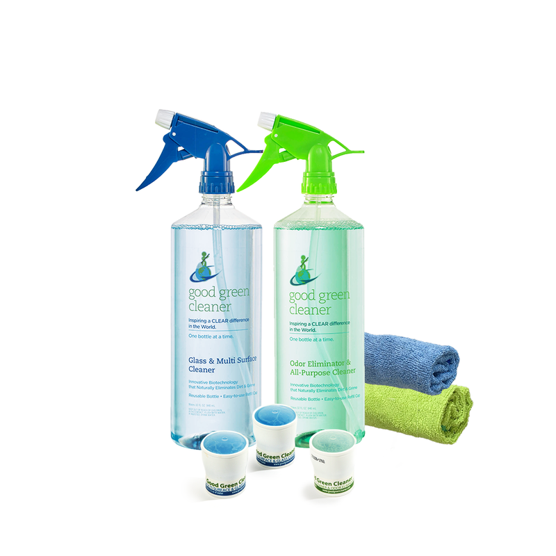 Odor Eliminator & All-Purpose Cleaner + Glass & Multi Surface Cleaner + Microfiber Cloth Value Pack
